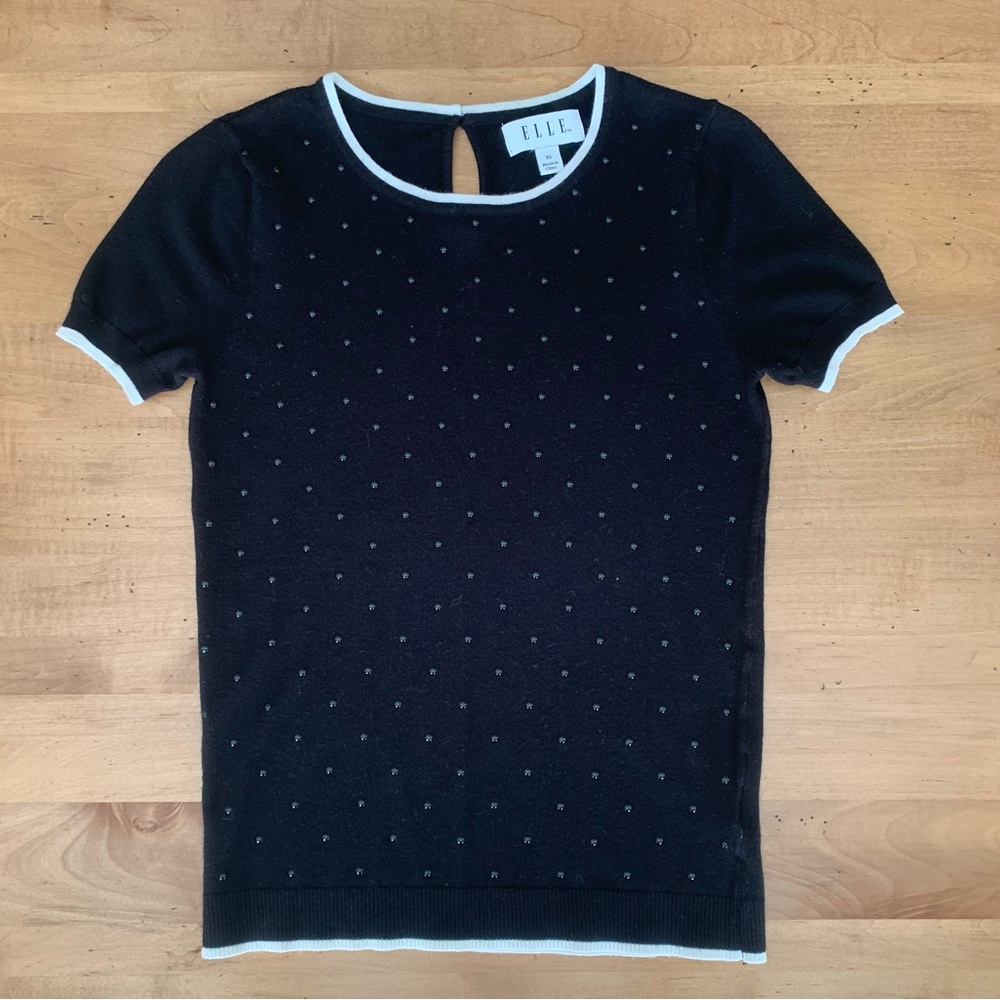 ELLE Black with White Trim Short Sleeve Beaded Sweater